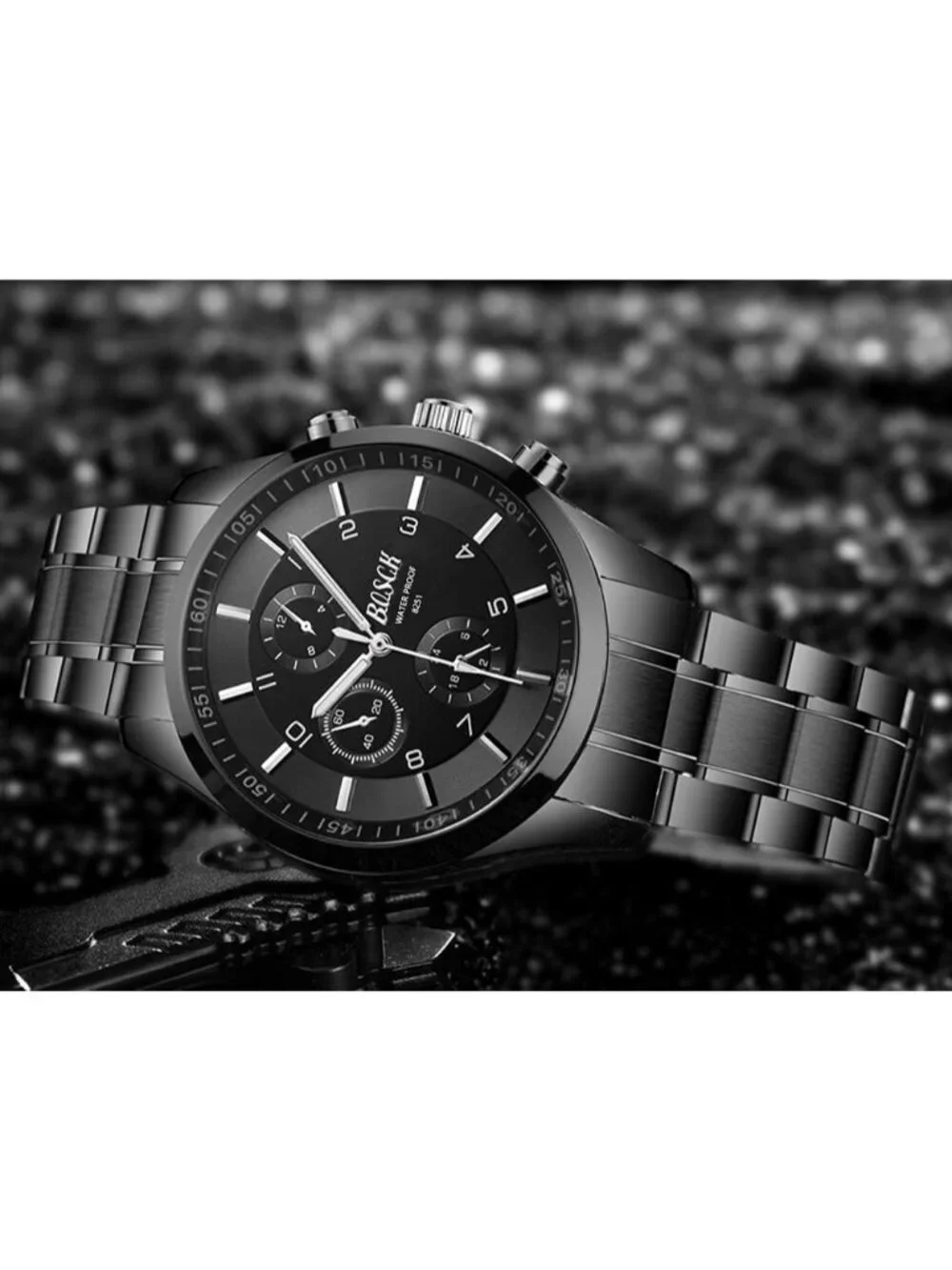 Men's Black Analog Quartz Stainless Steel Chronograph Waterproof Wrist Watch